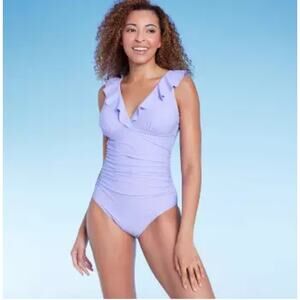 Shade & Shore Women One Piece SwimSuit Sz.16 Purple NWT Flutter Sleeve Slimming